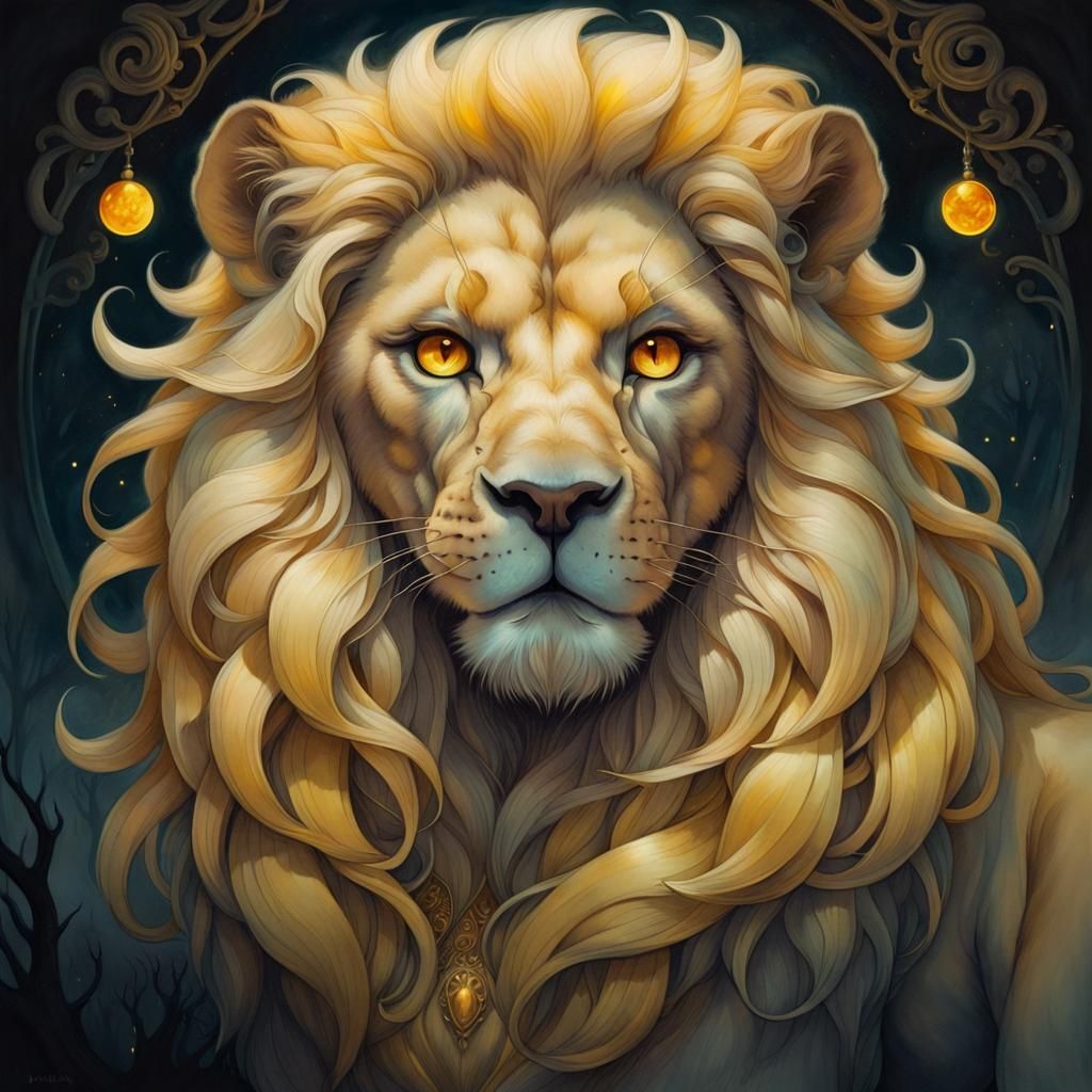 Regal Lion in Haunting Amber Night Scene