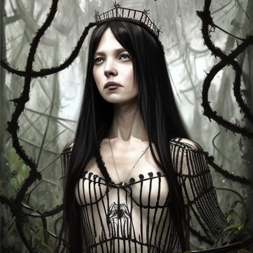 Skeletal Spiderweb Princess Portrait in Art Nouveau Style