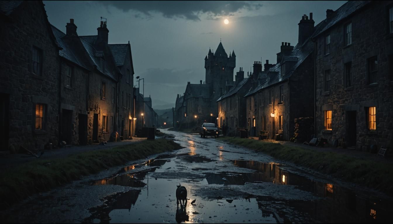Epic Scottish Village Under Dark Cinematic Skies