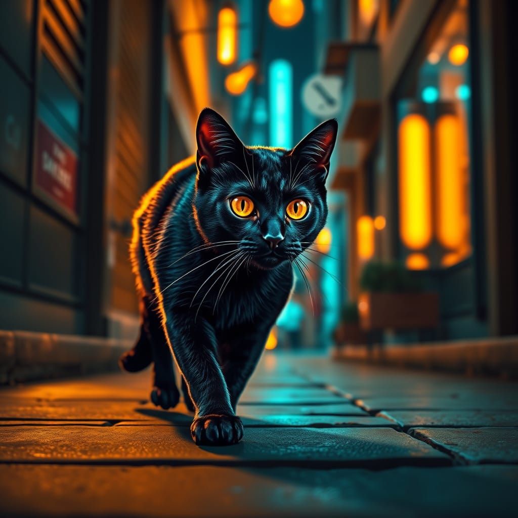 Black Cat Walks Toward Camera in Futuristic Street