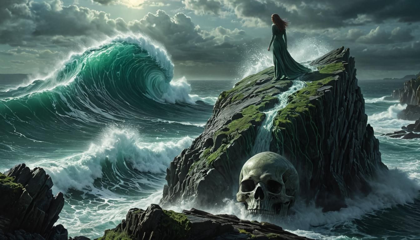 Mysterious Alien Ascends Rock in Dreamlike Landscape