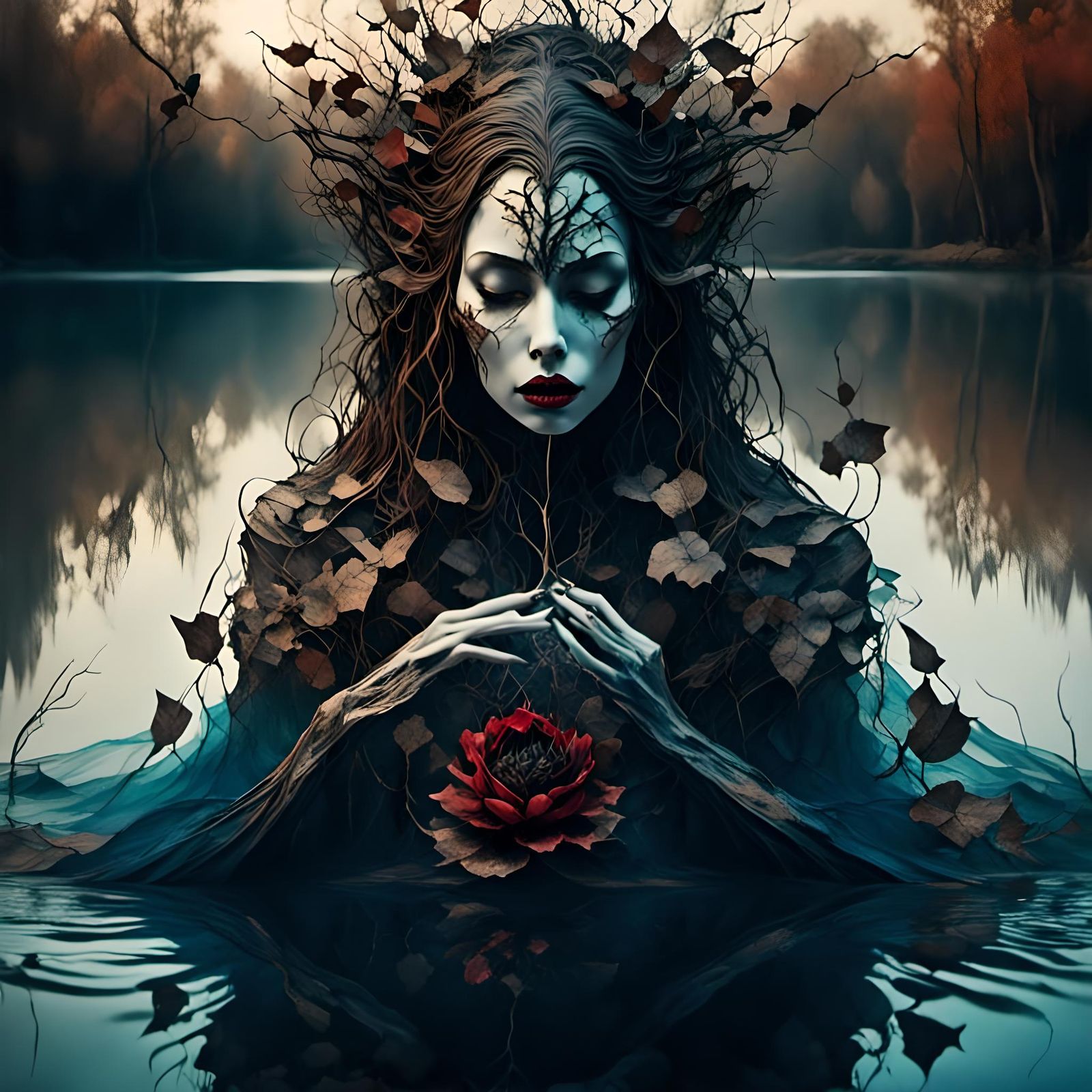 Vampire in Lake: Detailed Mixed-Media Photography