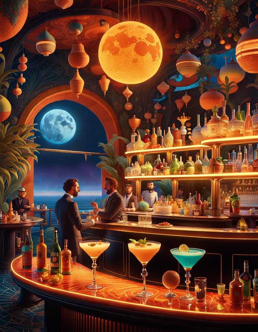Bartenders Crafting Cocktails in Surreal Sunlit Moonlit Bar