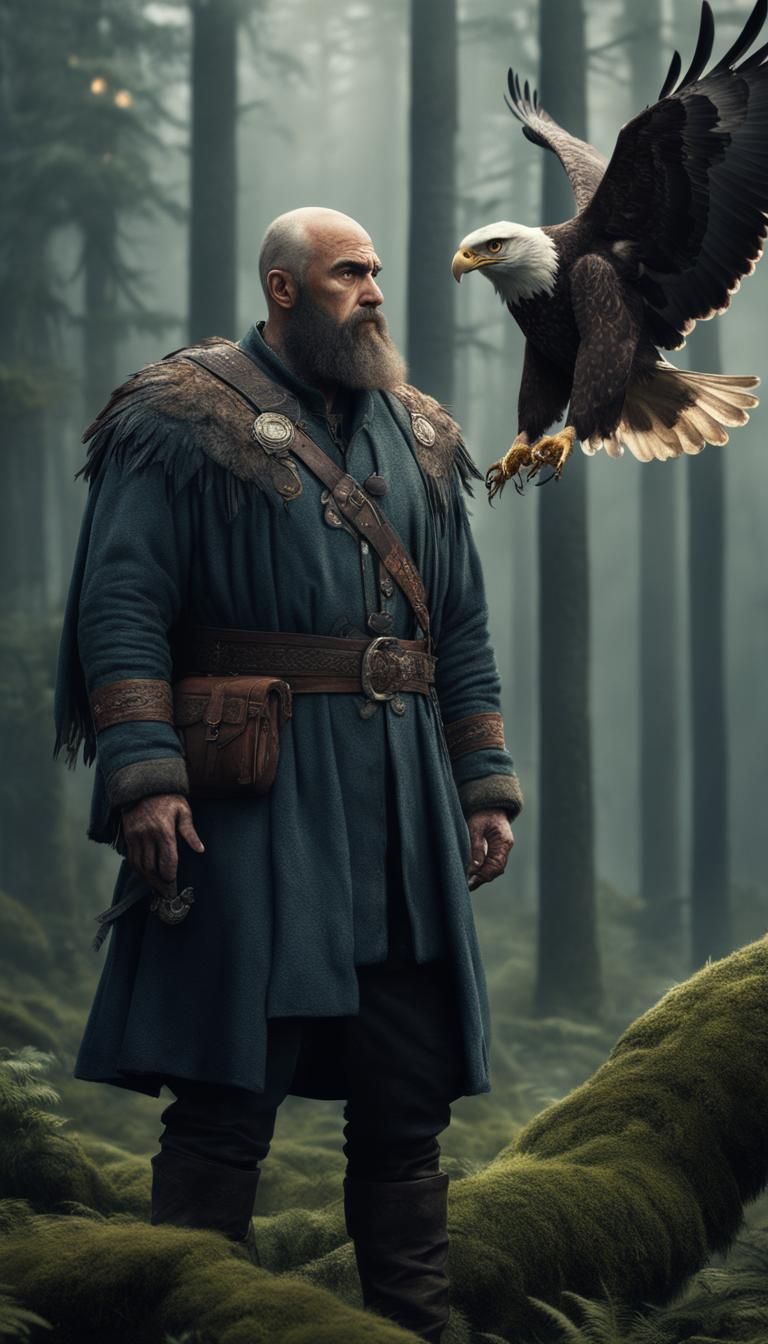 Slavic Man with Falcon and Eagle in Forest