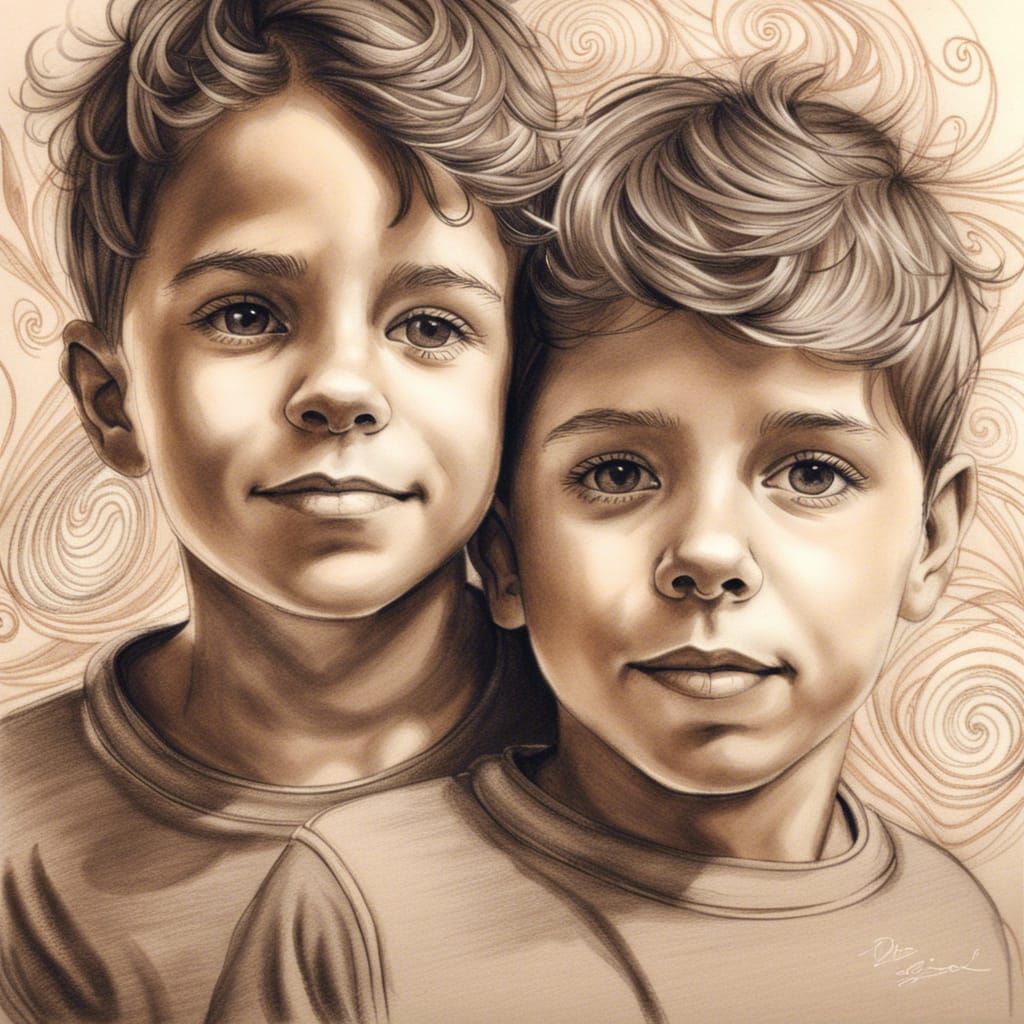 Realistic Portrait of Young Brothers in Ink and Pencil