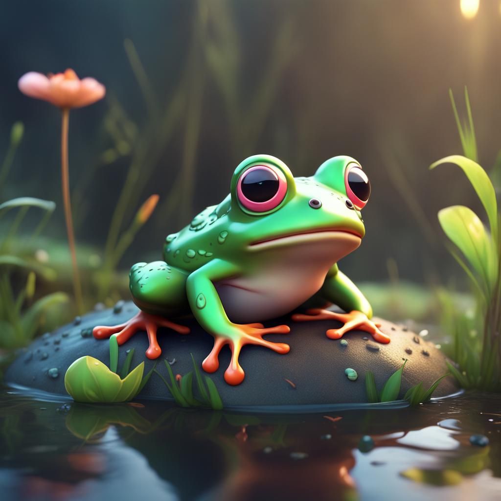 Cute Kawaii Frog: Detailed Matte Painting