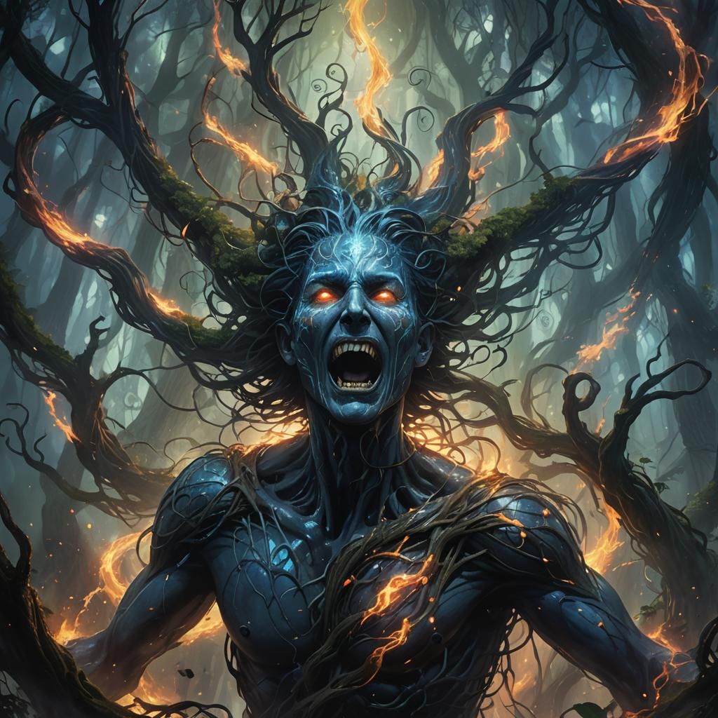 Epic Screaming Figure in Mystical Forest