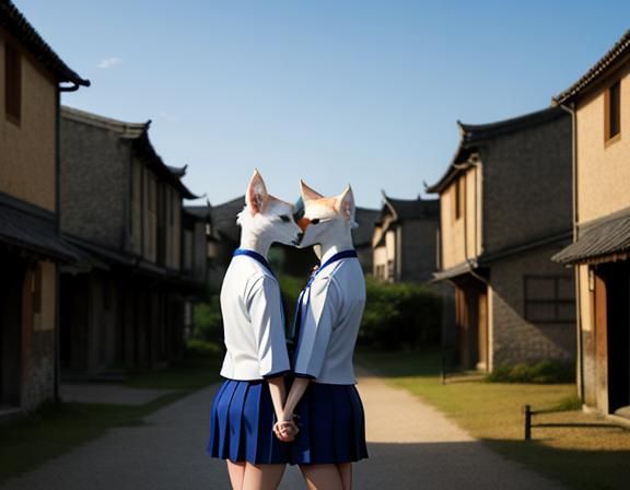 Twin Kitsune Kissing in Village, Anime Style