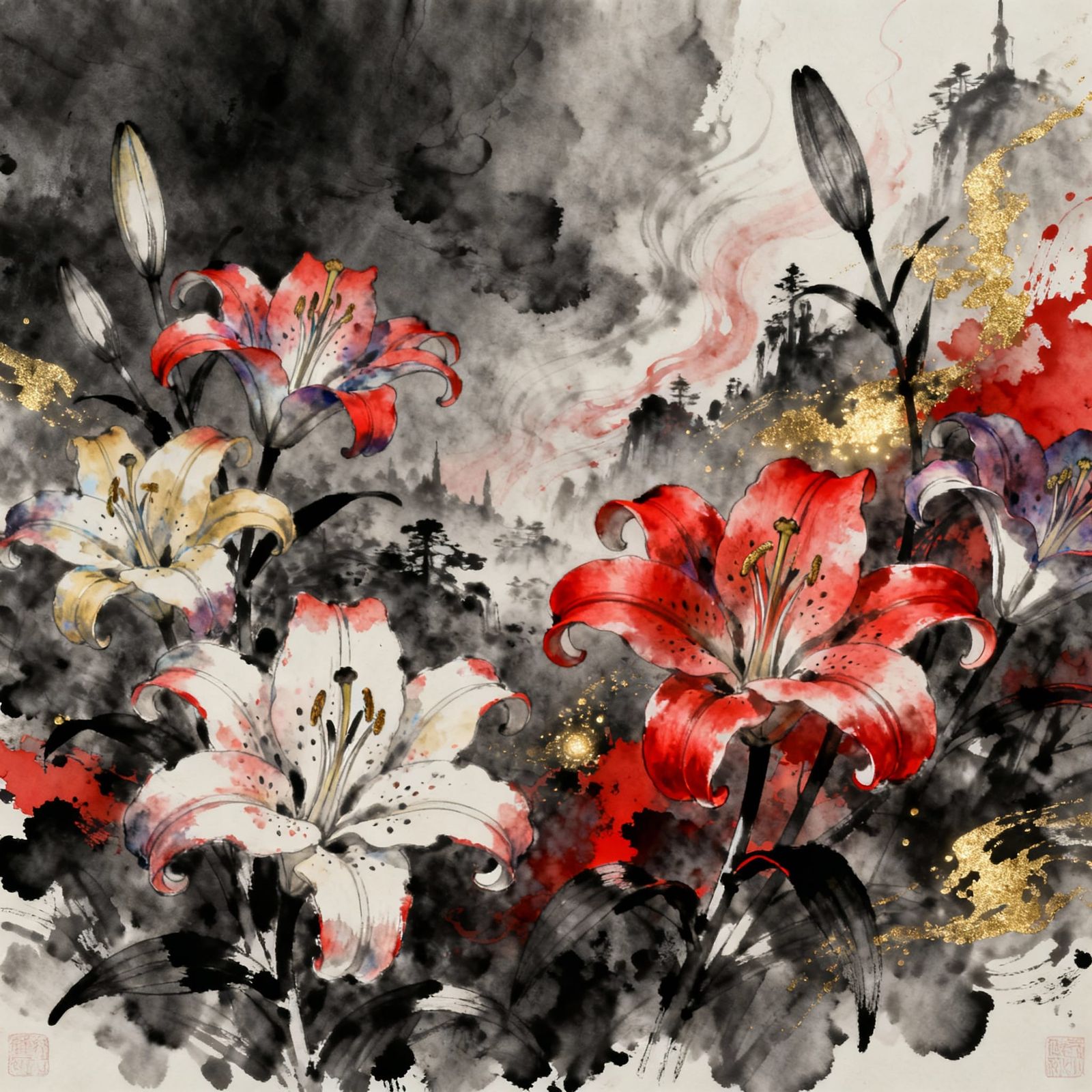 Dreamscape with Lilies in Charcoal and Ink