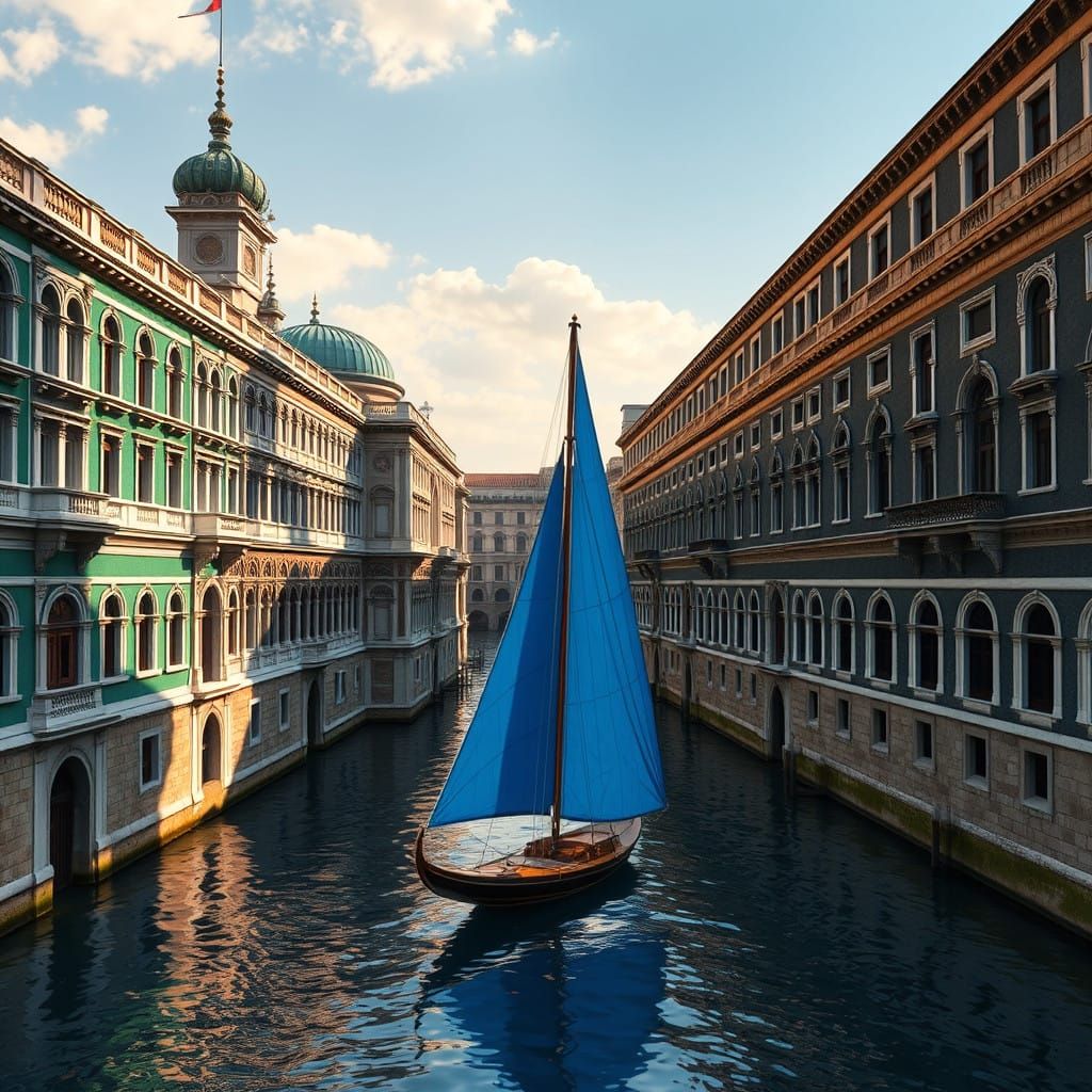 Renaissance Palaces by Sunlit Canal in Dreamlike Atmosphere