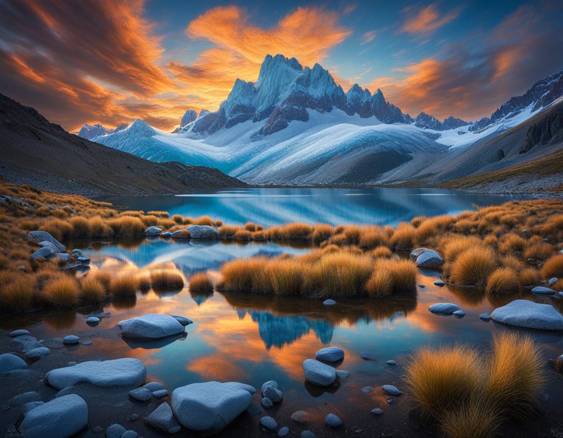 Glacial Lake Sunset in Van Gogh Style