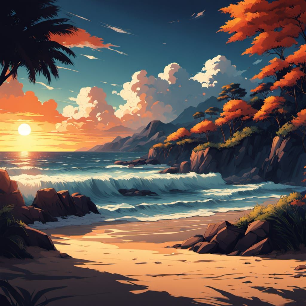 Vibrant Beach Sunset in Anime Style