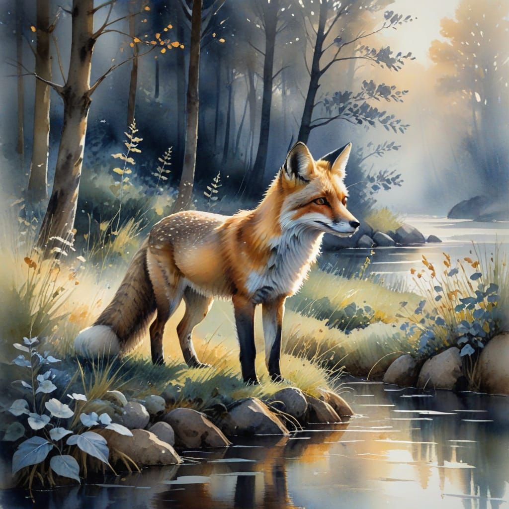 Twilight Fox in Woodland Clearing: Impressionistic Watercolo...