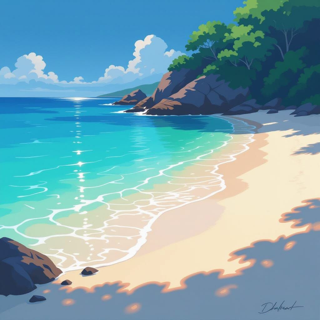 Hidden Cove with Glowing Water and Pearlescent Sand