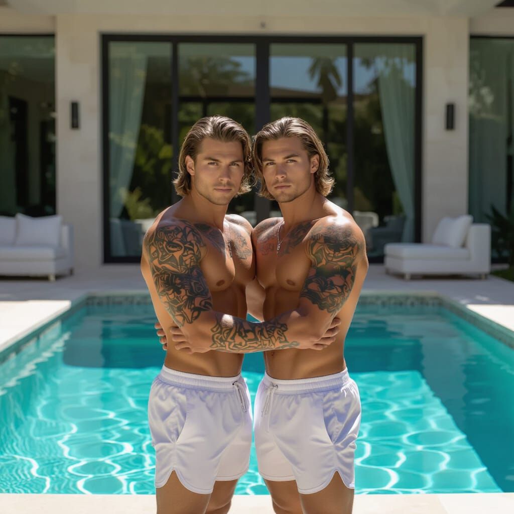 Muscular Twins Embrace by Mansion Pool in Hyperrealistic Sty...