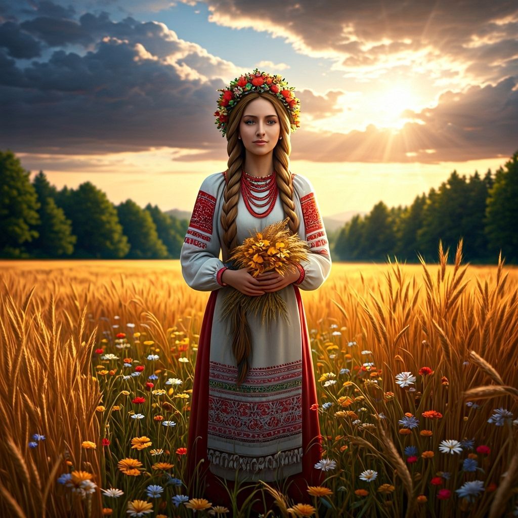 Slavic Goddess Mokosh in Lush Meadow, Folk Art Style