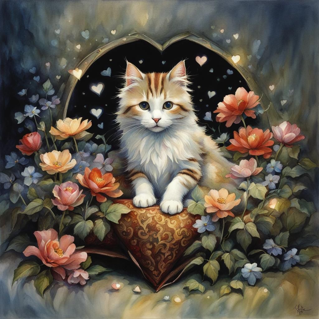 Cute Cat Surrounded by Flowers in Fairytale Art