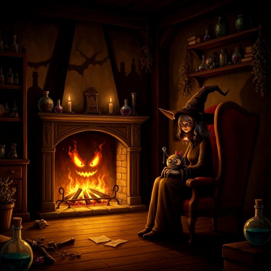 Cozy Witch Cottage with Spider and Fiery Face
