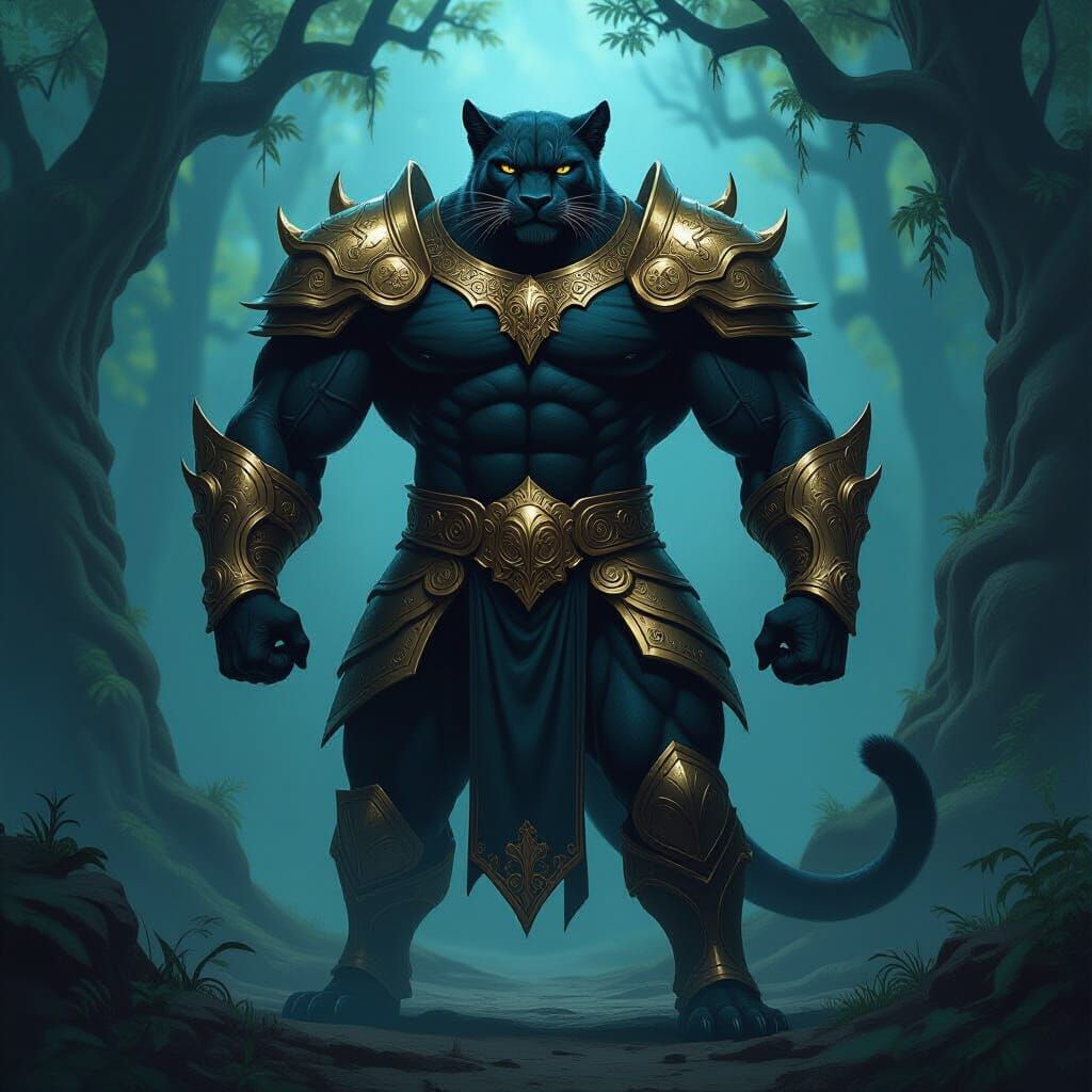 Muscular Panther King in Gold Armor