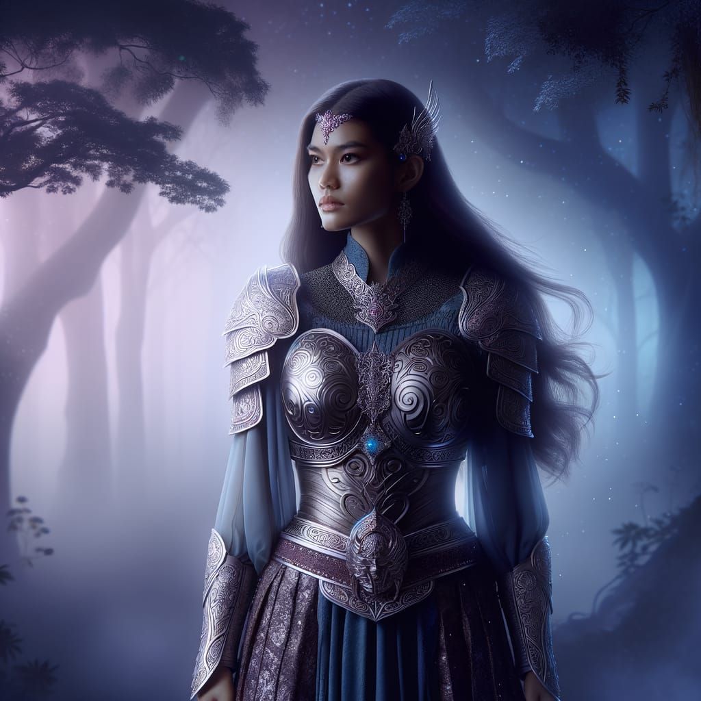 Mystical Hispanic Warrior in Twilight Forest