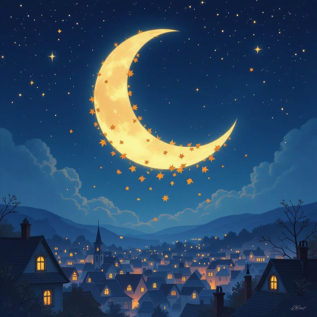 Magical Realism Moon Over Town with Ethereal Lighting