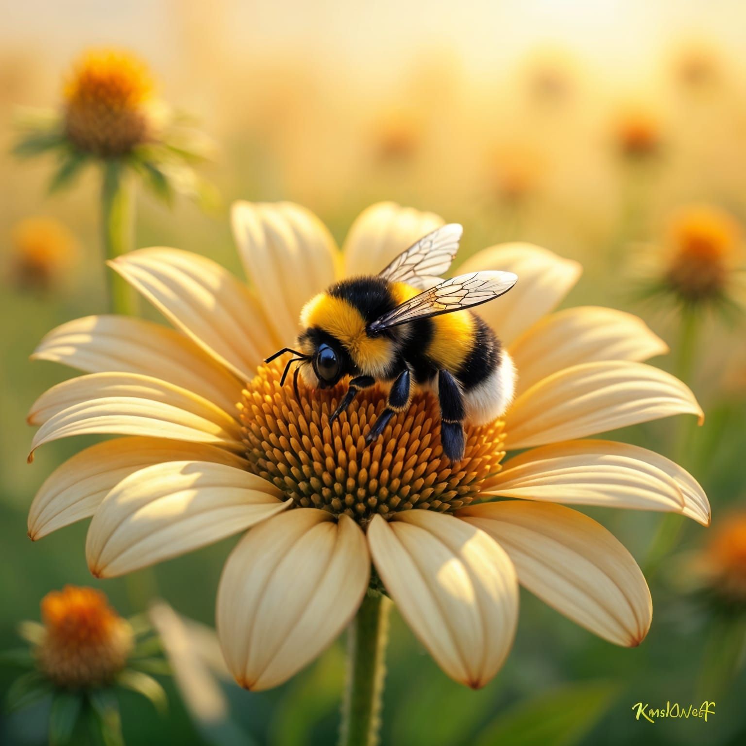 Cute Sleepy Bumblebee on Flower Meadow Illustration
