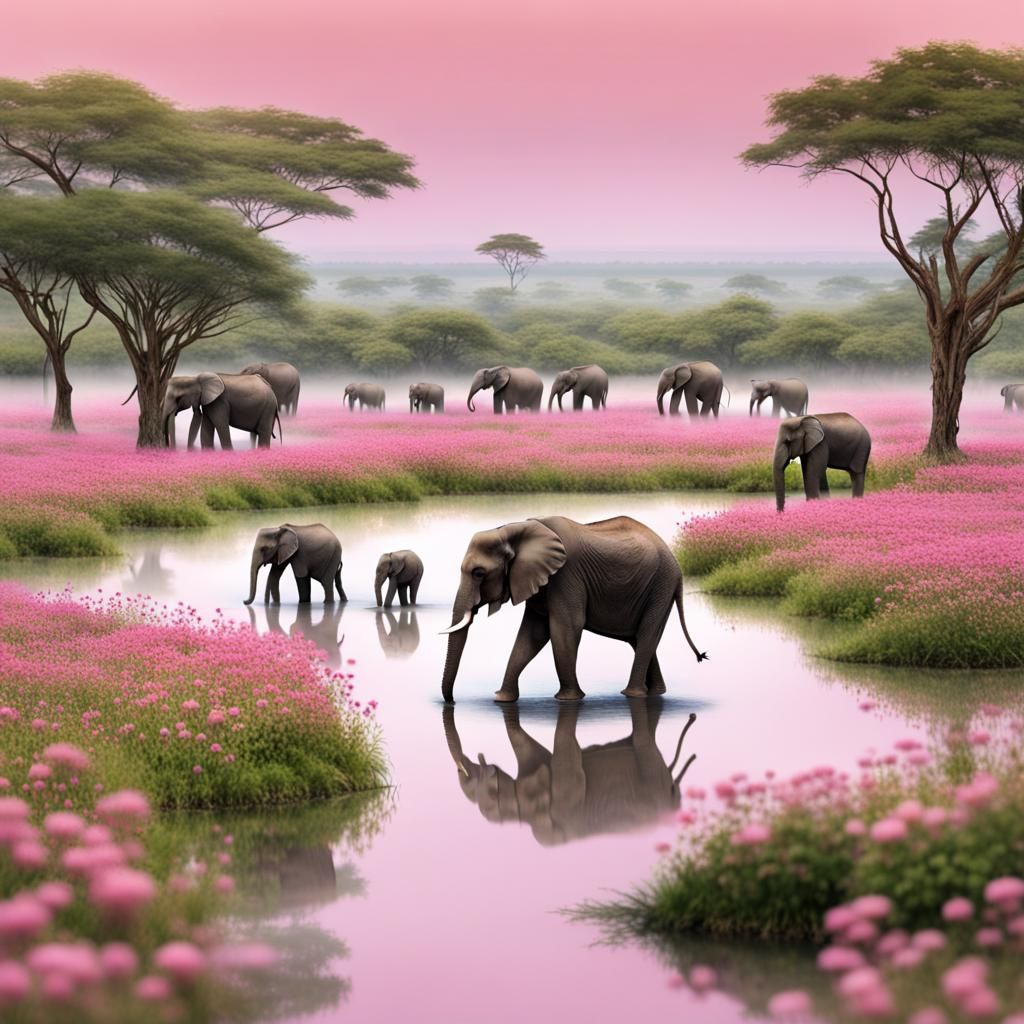 Elephants Traverse Pink Flower Field to Pond