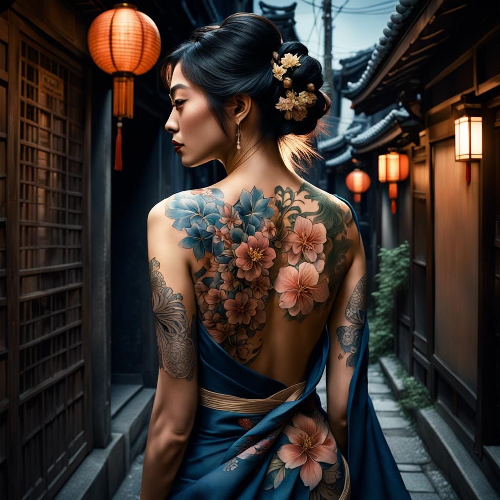 Japanese Beauty with Floral Tattoo, Hyperrealistic Digital A...
