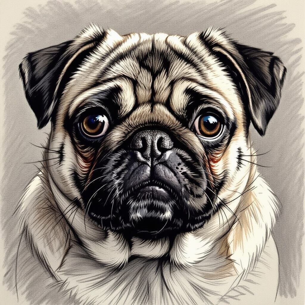 Pug Dog Portrait in Detailed Pencil Sketch Style