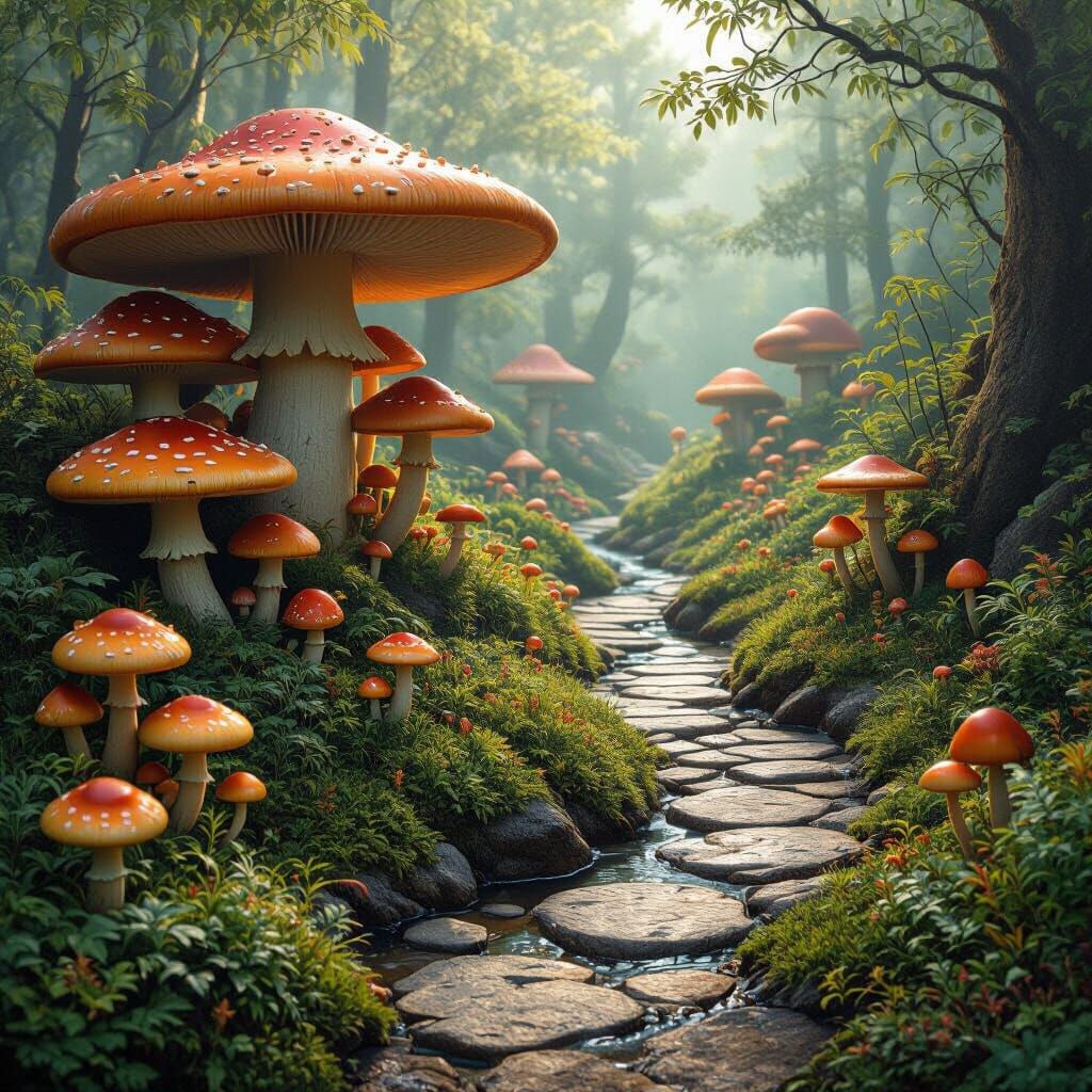 Mushroom Garden with Stream in Realistic Style