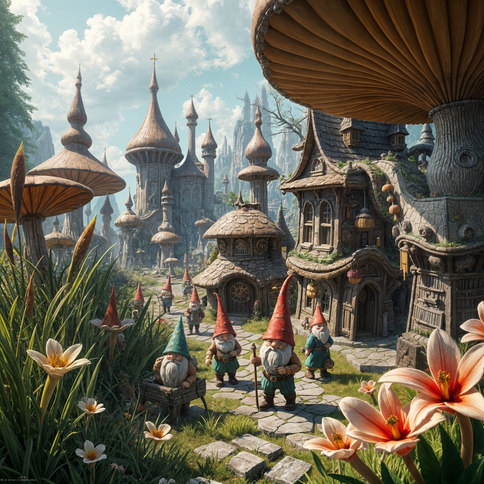 Fantastical Gnome City with Mushroom Houses