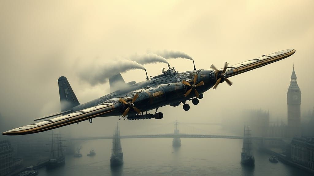 Steampunk Stingray Aircraft Over Misty Victorian London