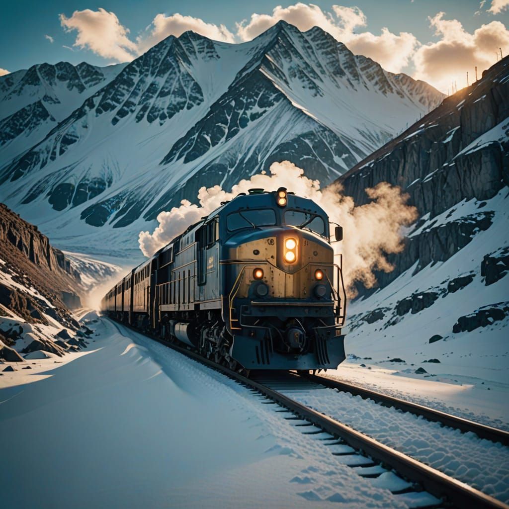 Art Deco Snowpiercer Train in Arctic Landscape