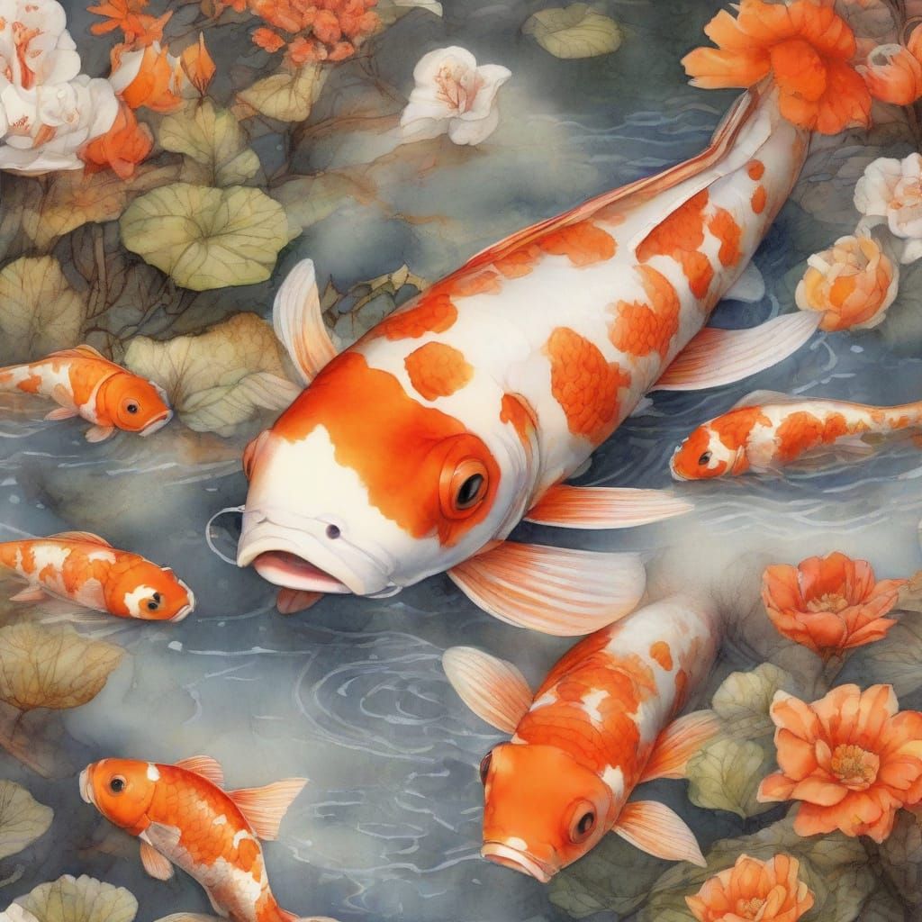 Epic Watercolour Koi in Unrealistic Wilderness
