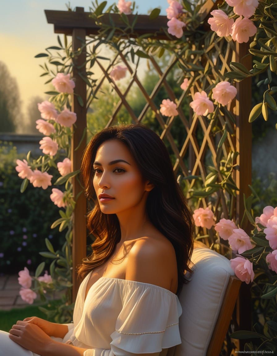 Woman in Garden Trellis: Romantic Realism Oil Painting