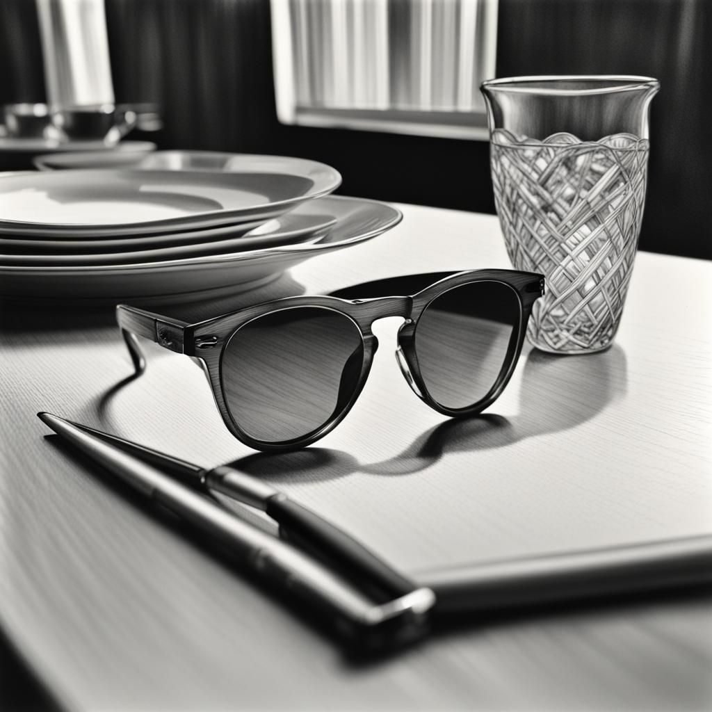 Sunglasses on Dining Table: Hyperdetailed Charcoal Drawing