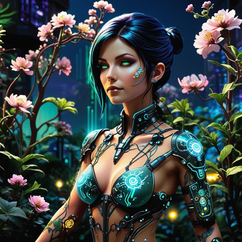 Biopunk Scientist in Bioluminescent Garden, Digital Watercol...
