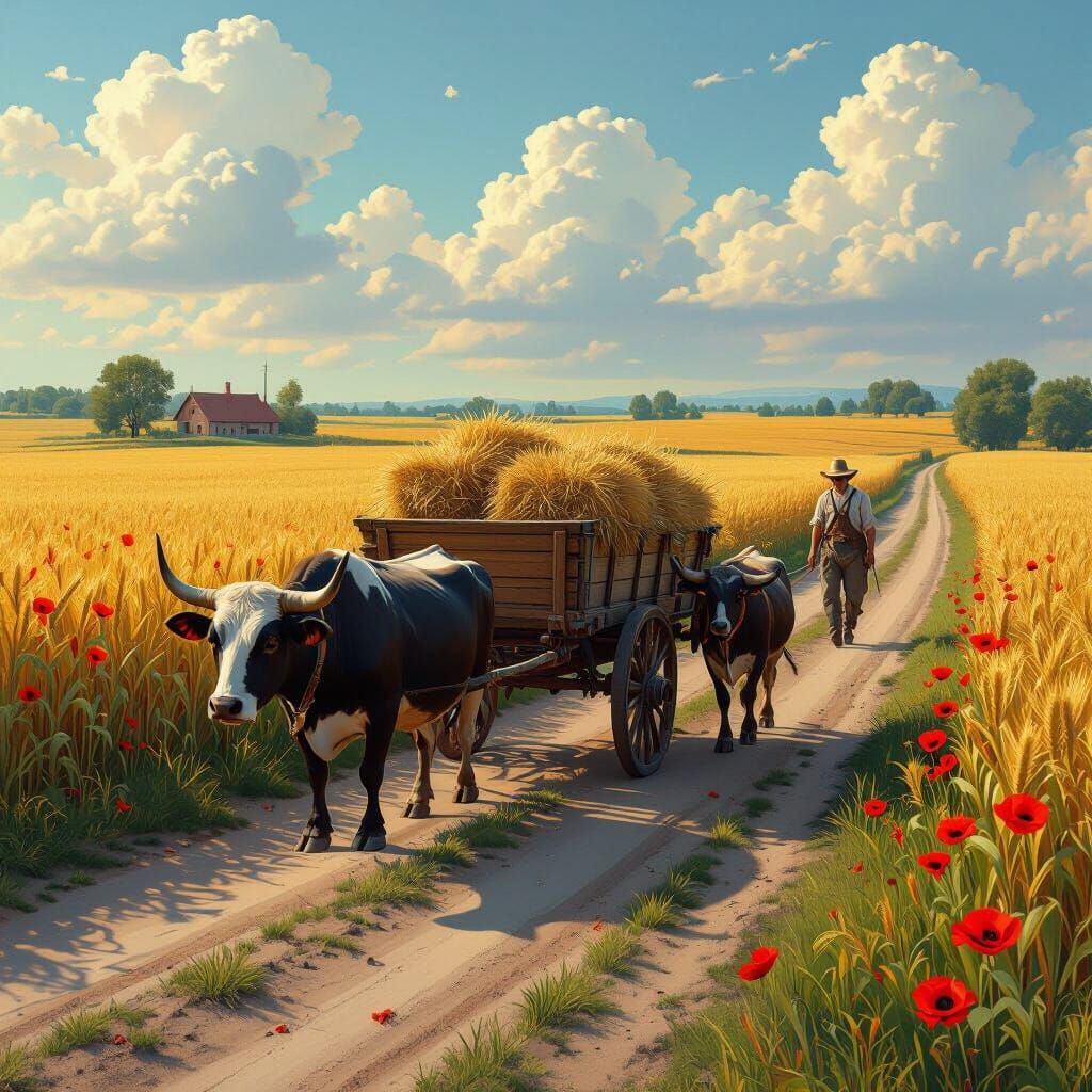 Bucolic Country Scene with Hay Cart and Oxen