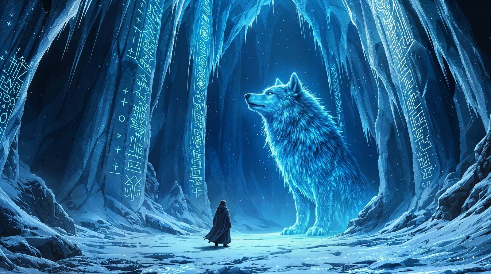 Frosty Nordic Landscape with Glowing Wolf and Runes