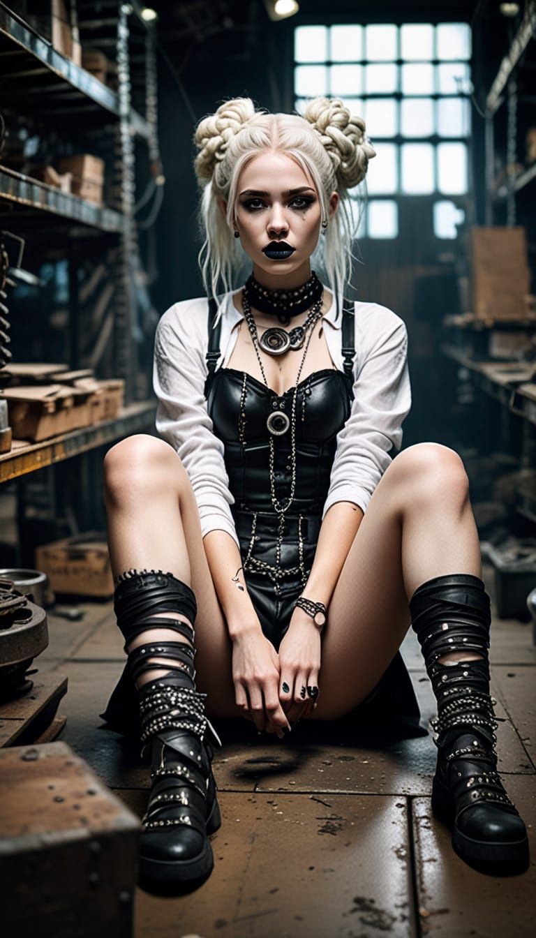 Goth-Punk Woman in Steampunk Warehouse with Neon Lights