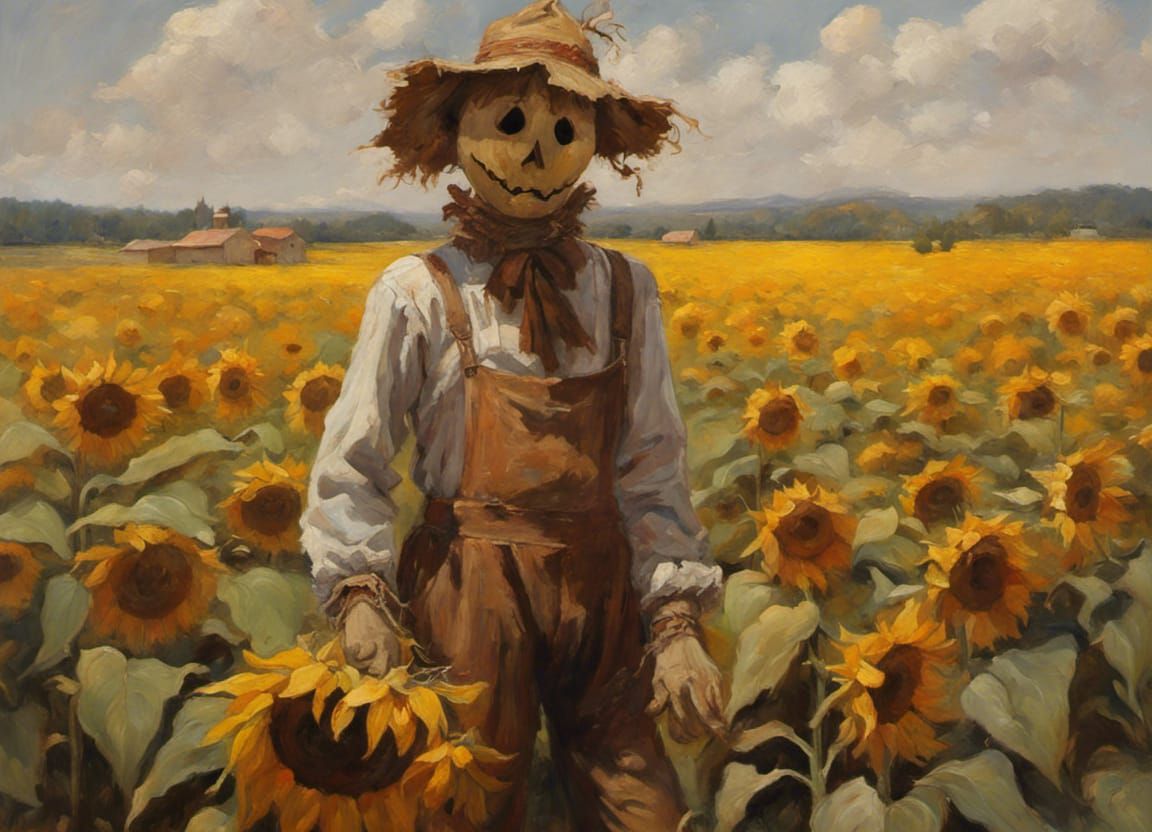 scarecrow in a field of sunflowers
