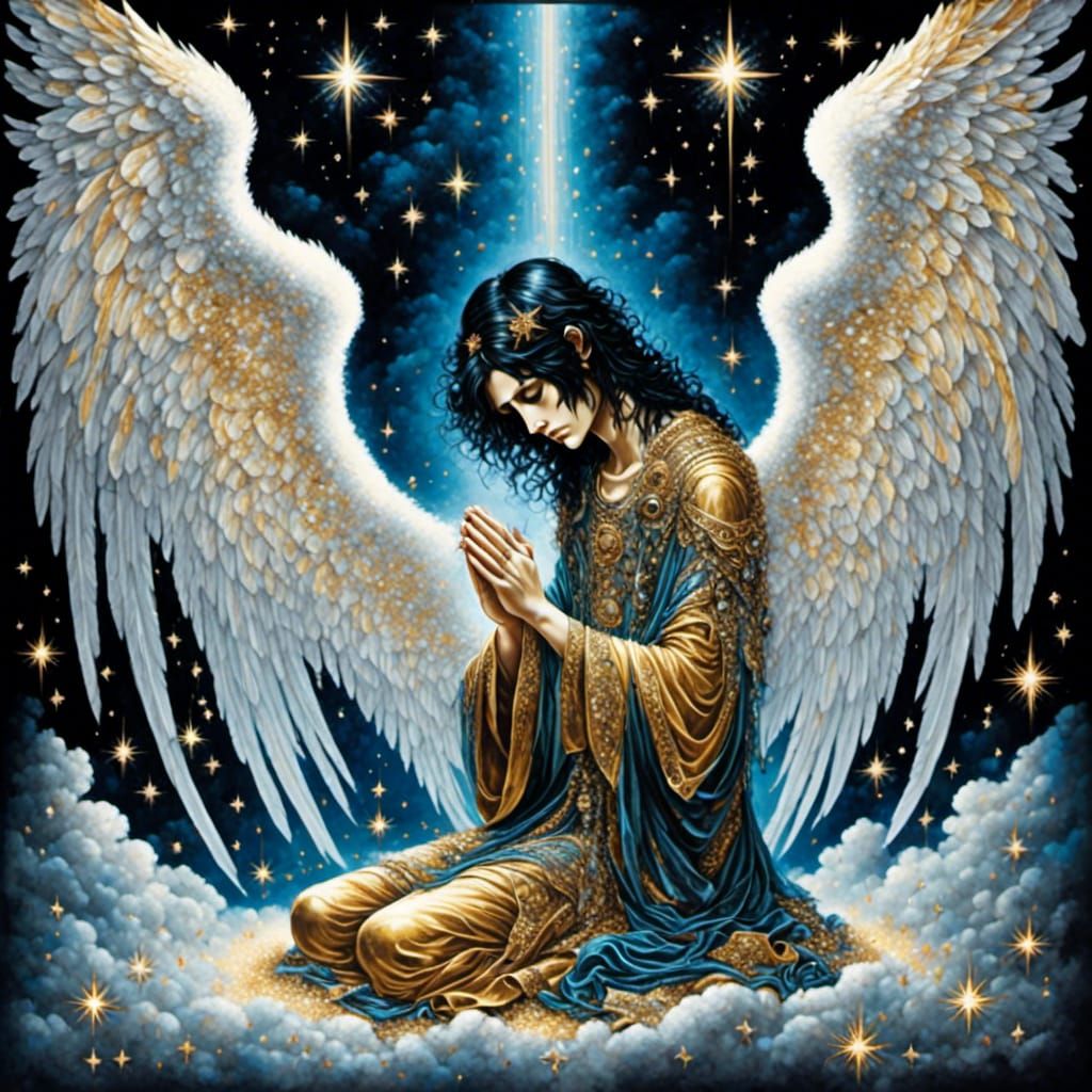 Anime Angel Praying in Starry Clouds