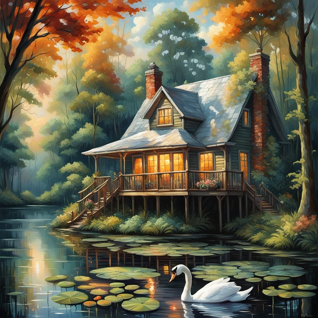 Idyllic Lakehouse Scene in Impasto Style