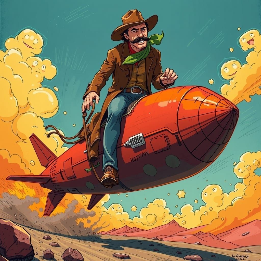 Cowboy Rides Nuclear Bomb in Whimsical Cartoon Style
