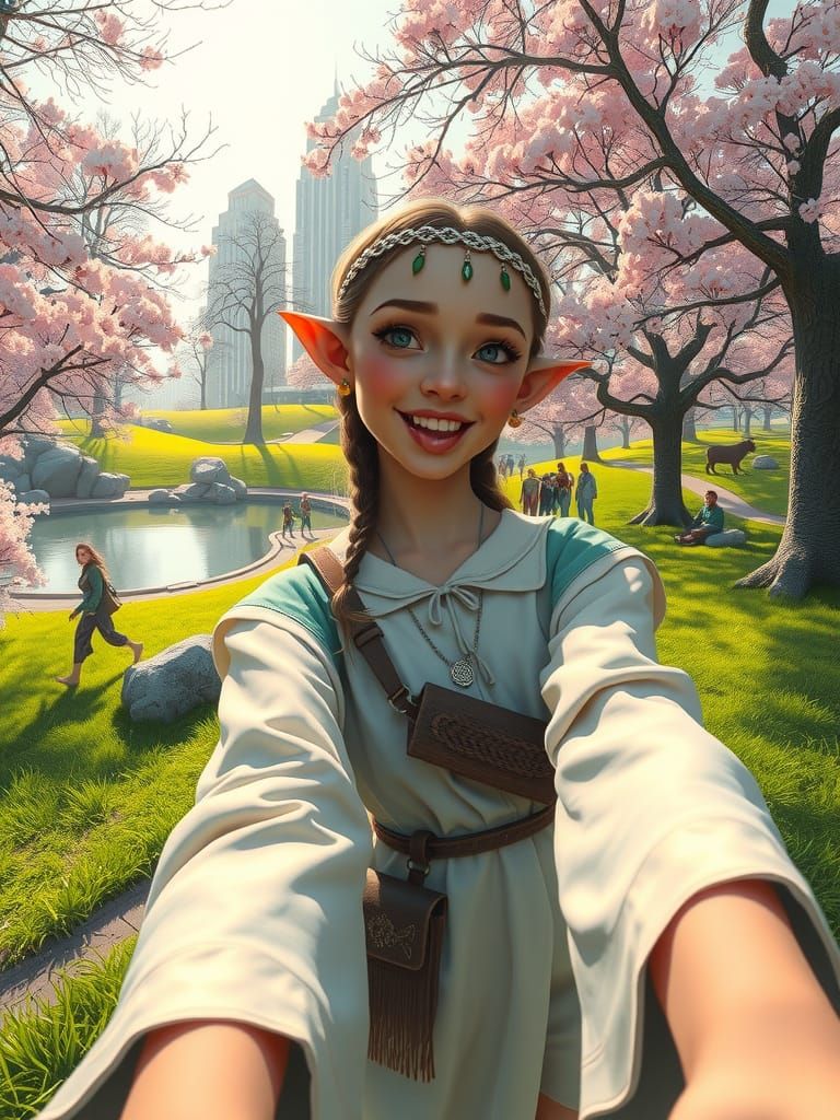 Enchanted Elf Maiden Captured in Whimsical Fantasy Park
