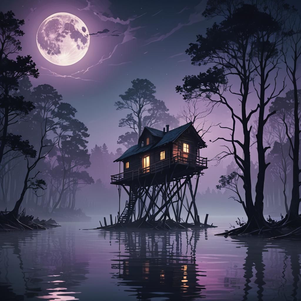 Ominous Wood Cabin in Swamp at Night in 3D