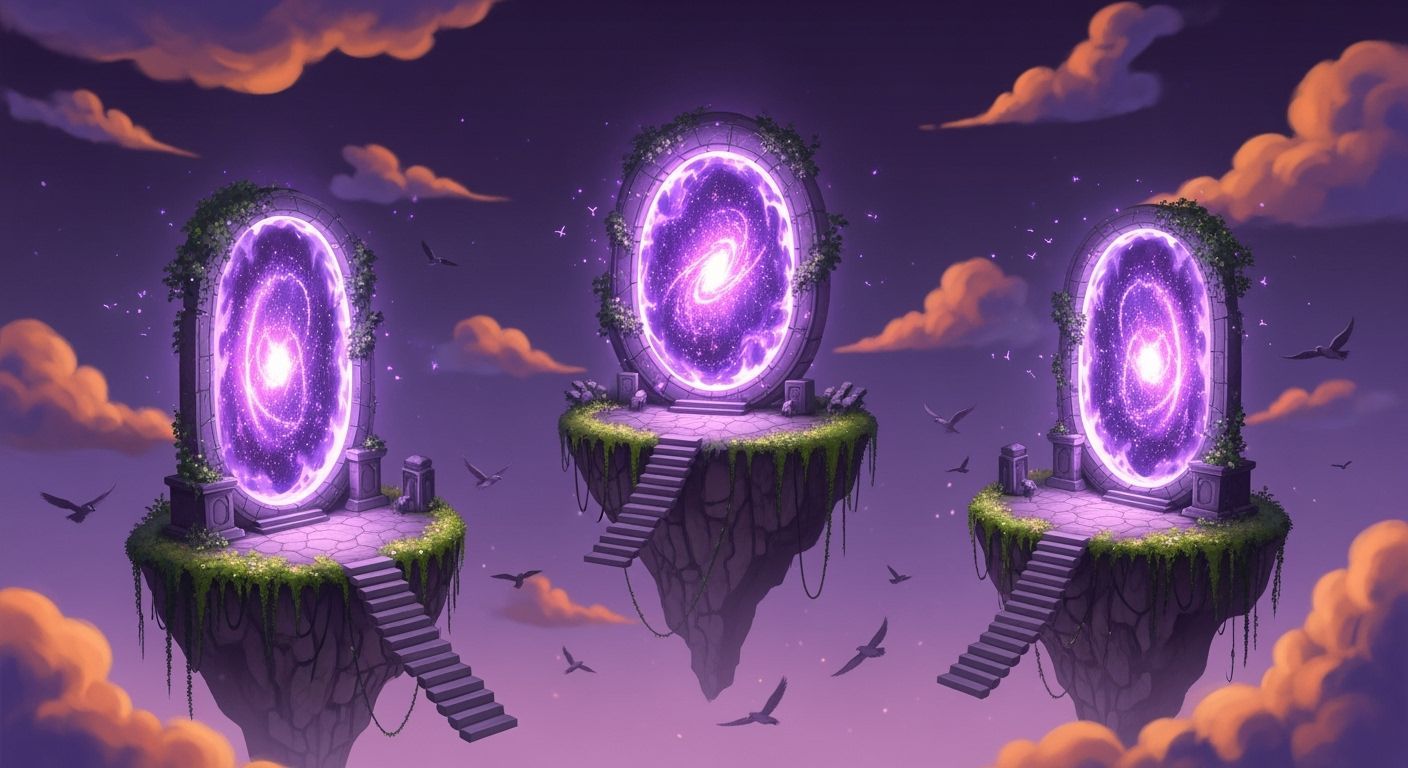 Magical Portals on Floating Islands with Purple Light
