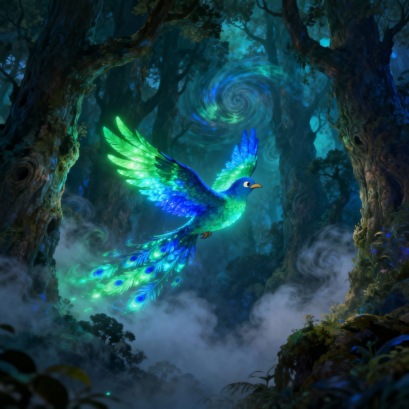 Bioluminescent Bird Soars in Enchanted Forest