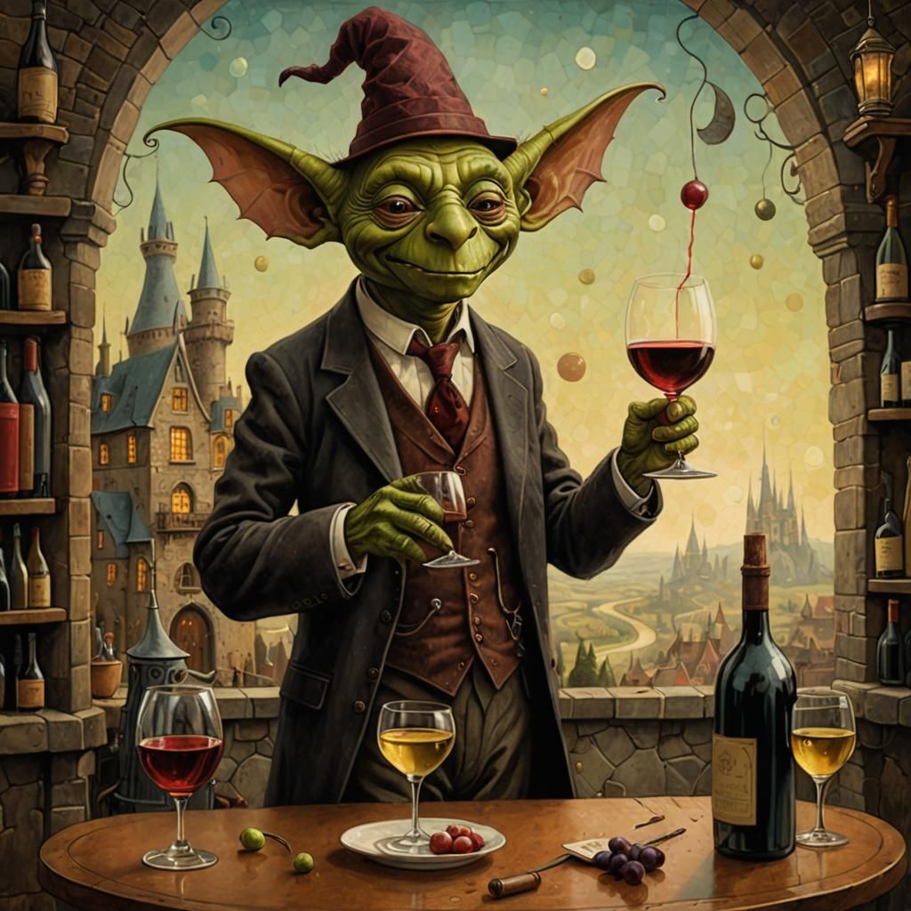 Goblin Gentleman Serving Wine: Whimsical Cubist Illustration