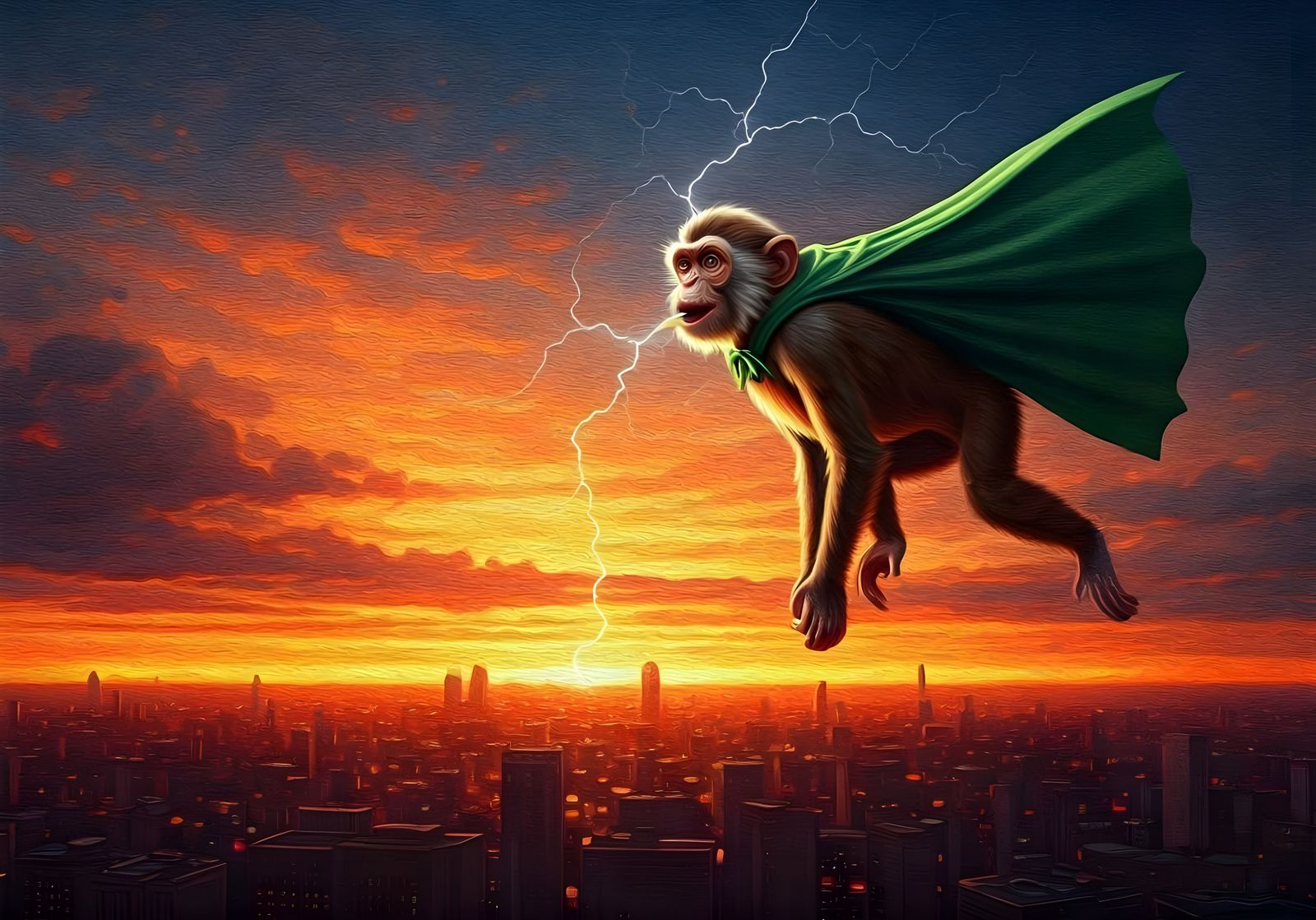 Epic Fantasy Monkey Unleashes Stormy Sunset City